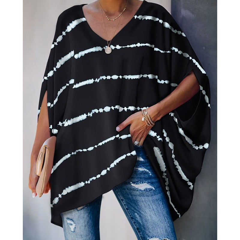 Oversized Fashion Top, V-Neck T-Shirts, Ladies Casual Bat Sleeve Tie-Dye Printed T-Shirt in Pure Color, Pullover