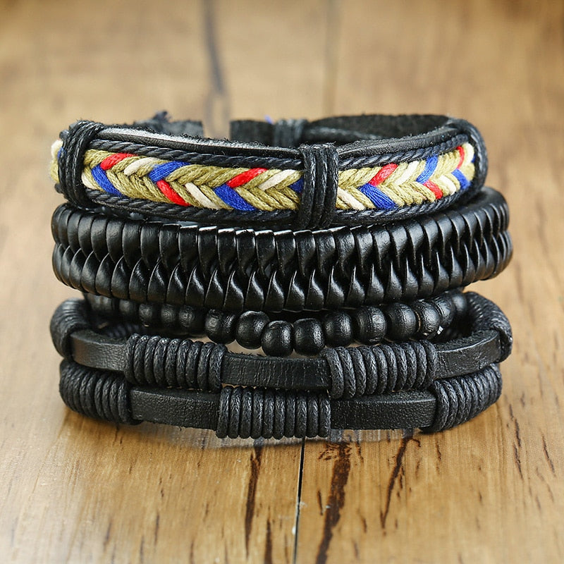 4 Pcs Set Braided Wrap Leather Bracelets for Men - Vintage, Life Tree, Rudder Charm, Wood Beads Wrist Wear