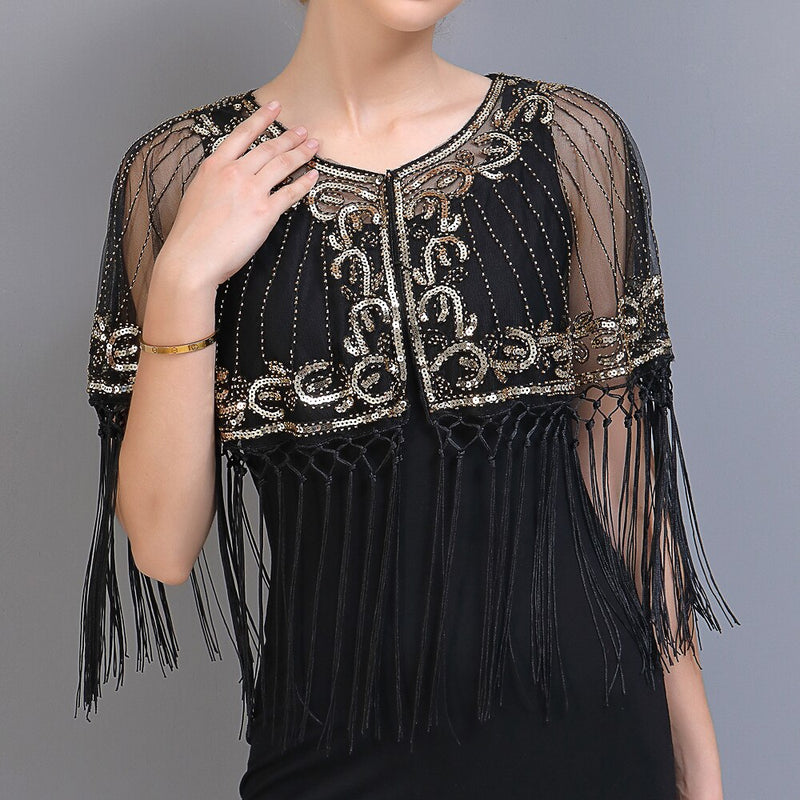 Women's Vintage 1920s Shawl - Beaded/Sequin/Fringe Flapper Bolero, Sheer Floral Embroidery Fancy Cover Up
