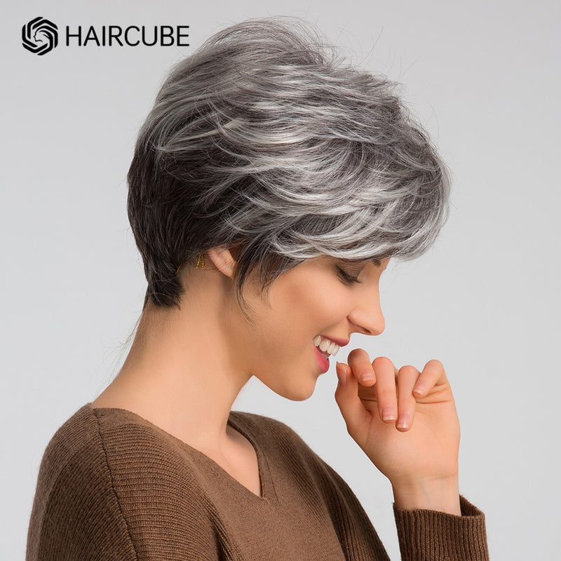 Short Mixed Grey Pixie Cut Wigs for Women & Girls - Human Hair Blend Synthetic Wig, Heat Resistant, Non-lace