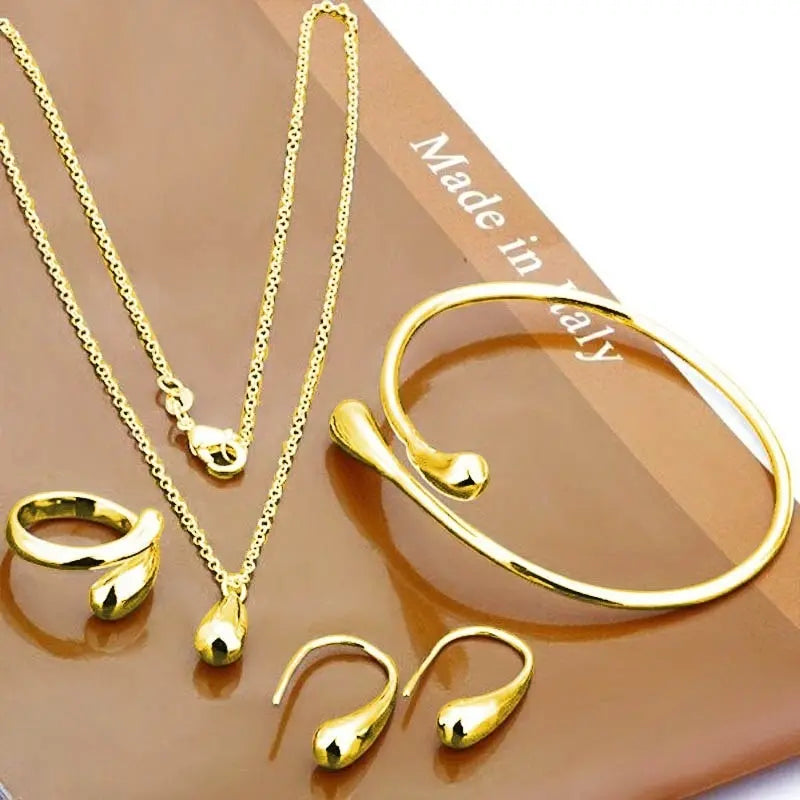 Stylishly Simple 4-Piece Jewelry Set for Women & Girls in Silver and Gold - Tear Drop Necklace, Earrings, Bangle & Ring
