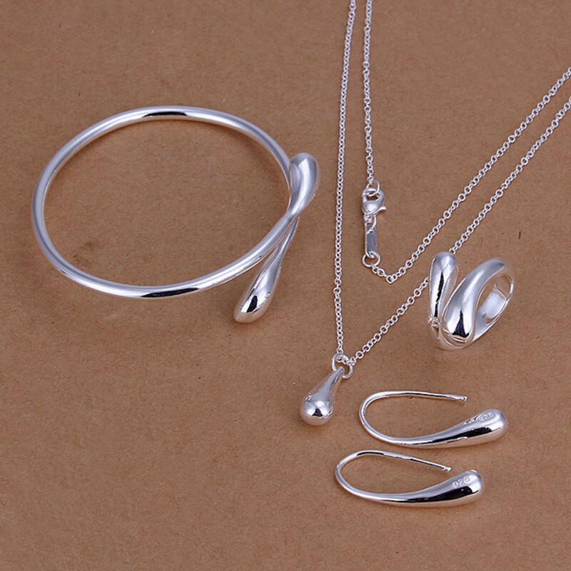 Stylishly Simple 4-Piece Jewelry Set for Women & Girls in Silver and Gold - Tear Drop Necklace, Earrings, Bangle & Ring