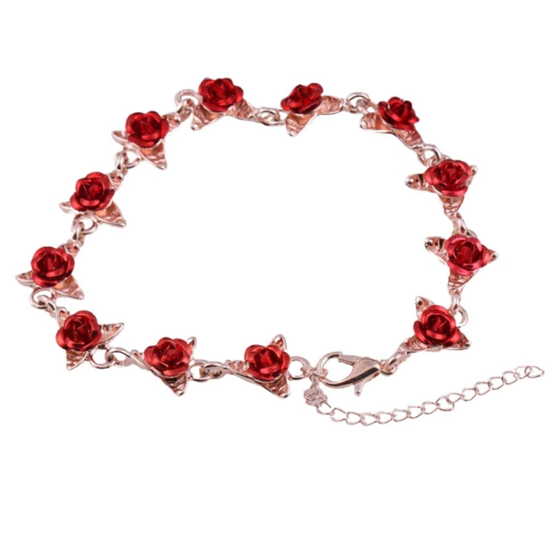 22 cm. Rose Gold Chain Link Romantic Bracelet for Women and Girls - Red Enamel Rose Jewelry - Valentine For Lovers