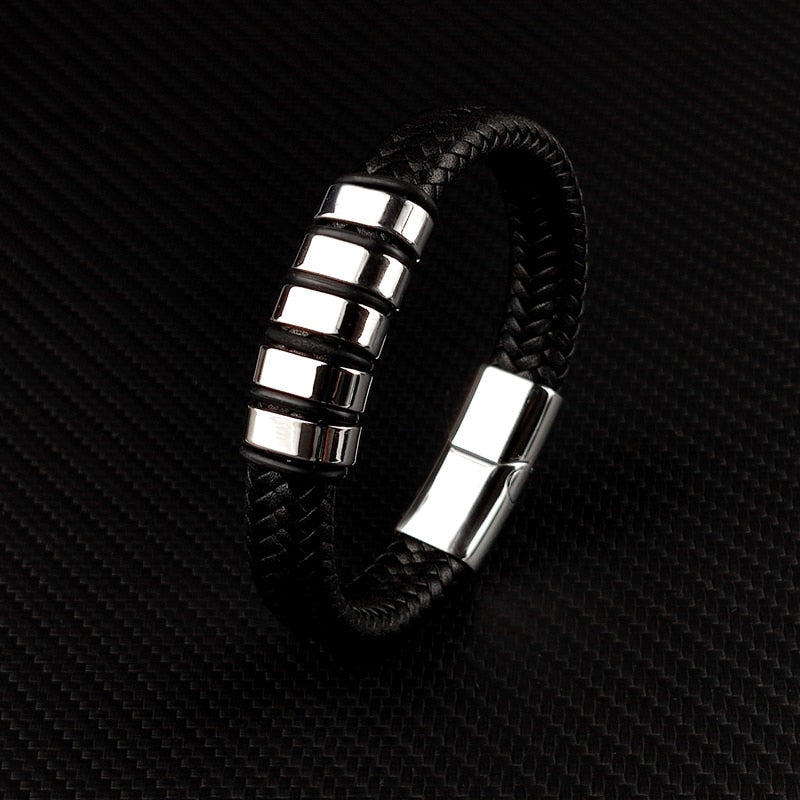 Hip-Hop Braided Leather Charm Bracelet for Men and Boys With Stainless Steel Clasp
