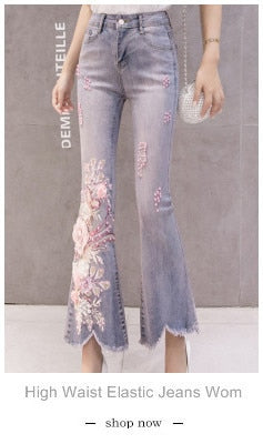 Women's Flower Embroidered Straight leg Jeans - Female Casual Pencil Pants, Straight Leg Jeans