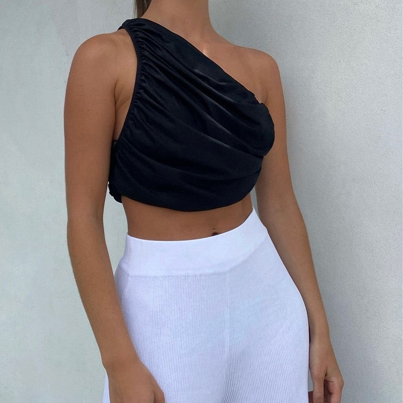 One Shoulder Rucked Crop Top for Women and Girls - Soft Knitted Crop Top