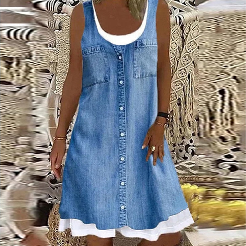 Women's Casual, Loose Denim Style Dress, Round Neck With Long Sleeves or Sleeveless - S