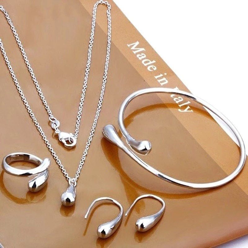 Stylishly Simple 4-Piece Jewelry Set for Women & Girls in Silver and Gold - Tear Drop Necklace, Earrings, Bangle & Ring