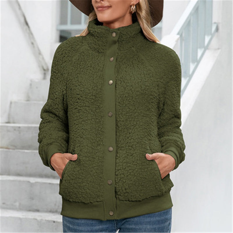 Women's Teddy Bear Coat (Faux Lamb Wool), Stand Collar, Loose Plush Jacket with Zipper - Warm Outerwear