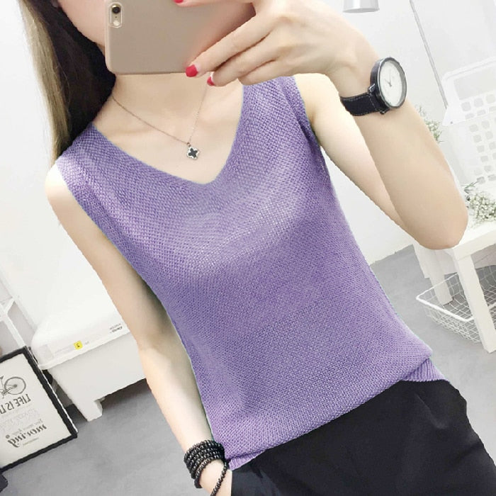 Knitted Camisole Tank Top for Women and Girls, V-Neck, Sleeveless, in 5 Colors
