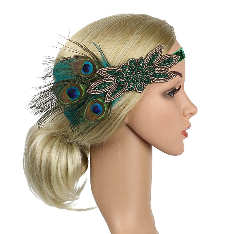 1920s Peacock Feather Headpiece/Flapper Accessories, Women's Art Deco 20s, Great Gatsby Showgirl Headband