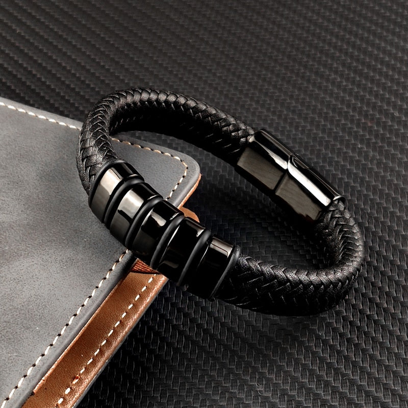 Hip-Hop Braided Leather Charm Bracelet for Men and Boys With Stainless Steel Clasp