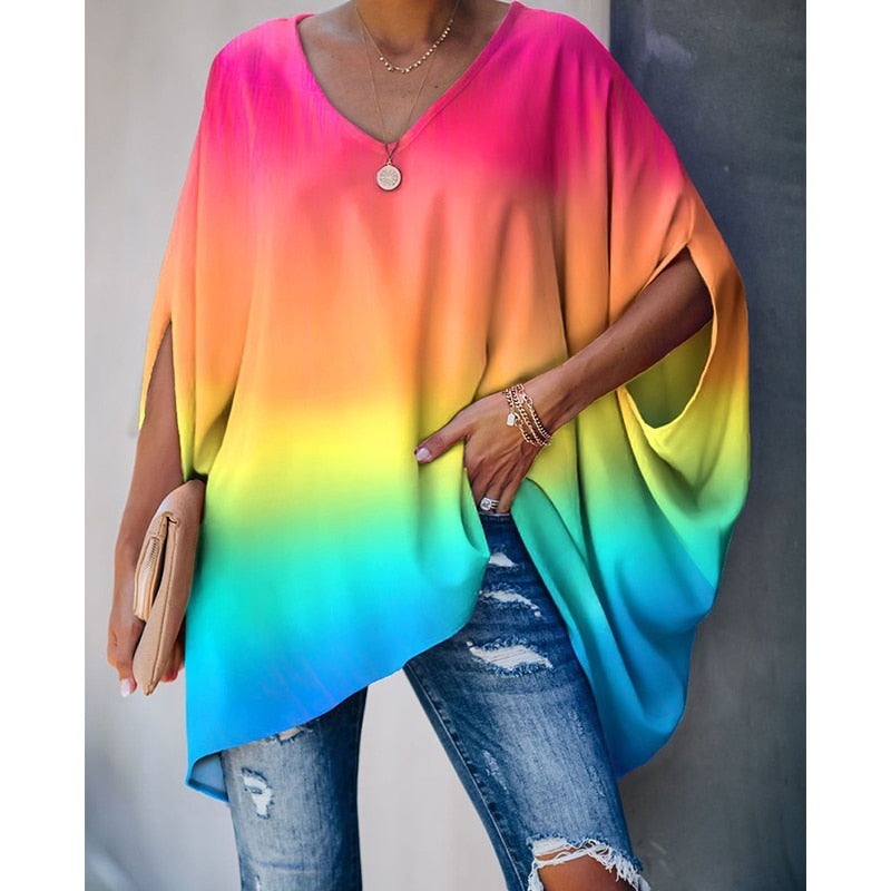 Oversized Fashion Top, V-Neck T-Shirts, Ladies Casual Bat Sleeve Tie-Dye Printed T-Shirt in Pure Color, Pullover