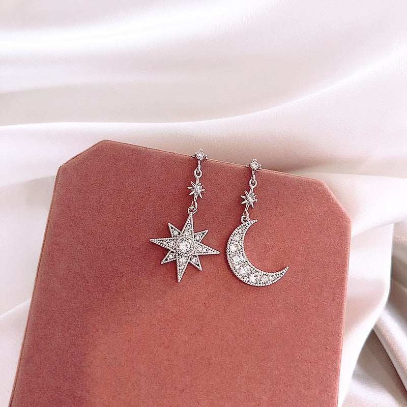 Asymmetrical Crystal Star/Moon Drop/Dangle Earrings for Women and Girls