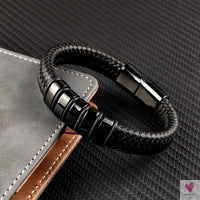 Hip-Hop Braided Leather Charm Bracelet for Men and Boys With Stainless Steel Clasp