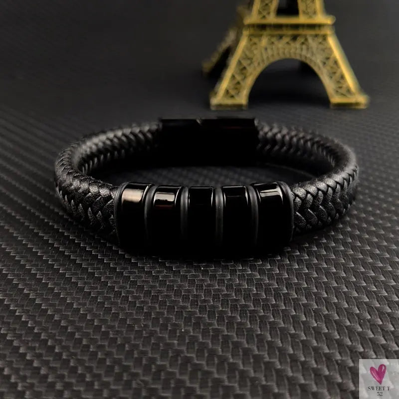 Hip-Hop Braided Leather Charm Bracelet for Men and Boys With Stainless Steel Clasp