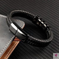 Hip-Hop Braided Leather Charm Bracelet for Men and Boys With Stainless Steel Clasp
