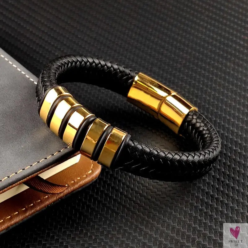 Hip-Hop Braided Leather Charm Bracelet for Men and Boys With Stainless Steel Clasp