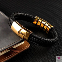 Hip-Hop Braided Leather Charm Bracelet for Men and Boys With Stainless Steel Clasp
