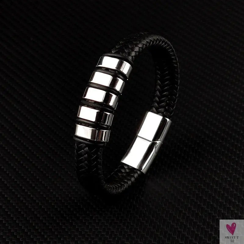 Hip-Hop Braided Leather Charm Bracelet for Men and Boys With Stainless Steel Clasp