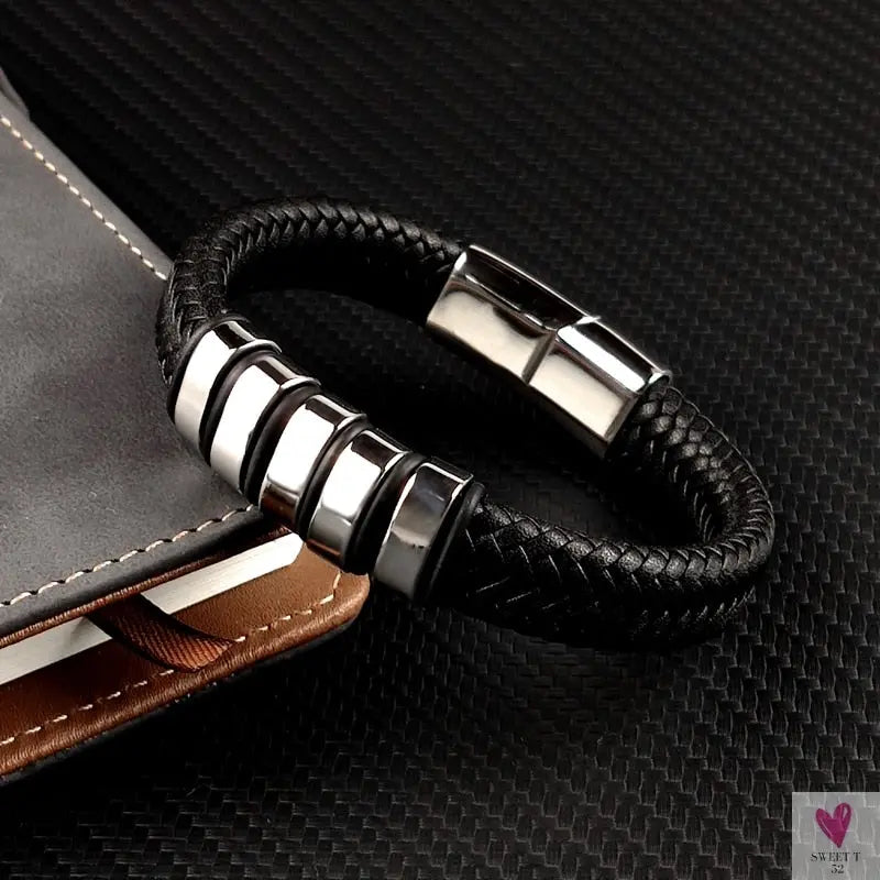 Hip-Hop Braided Leather Charm Bracelet for Men and Boys With Stainless Steel Clasp