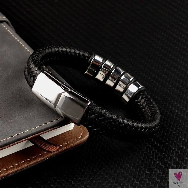 Hip-Hop Braided Leather Charm Bracelet for Men and Boys With Stainless Steel Clasp