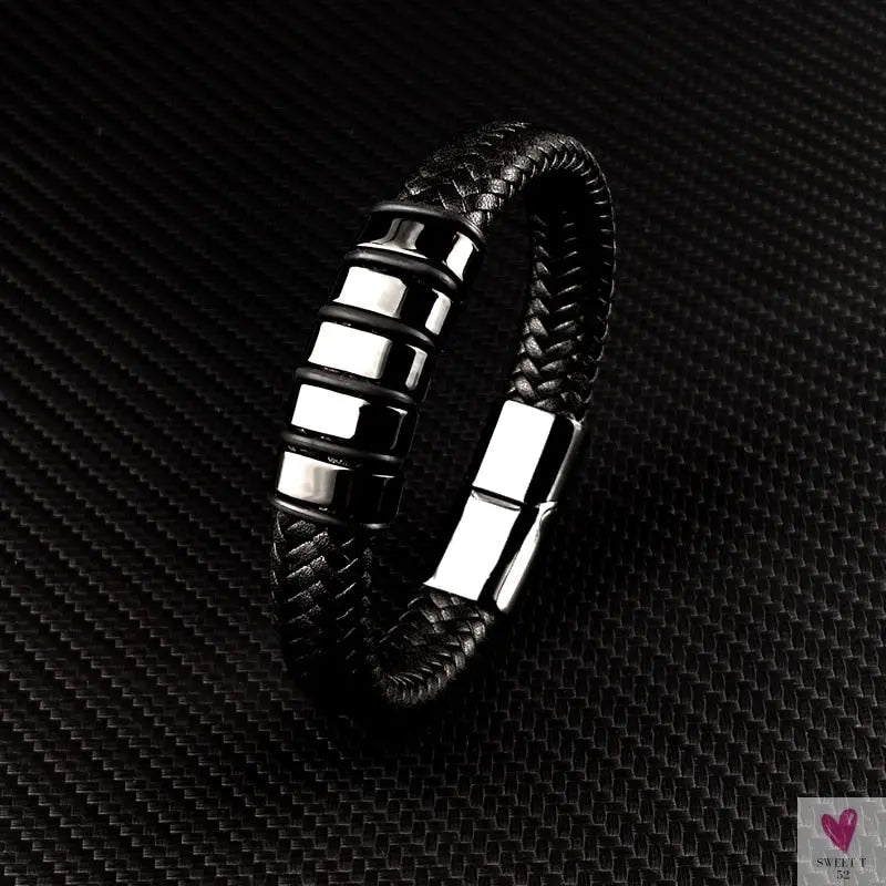 Hip-Hop Braided Leather Charm Bracelet for Men and Boys With Stainless Steel Clasp