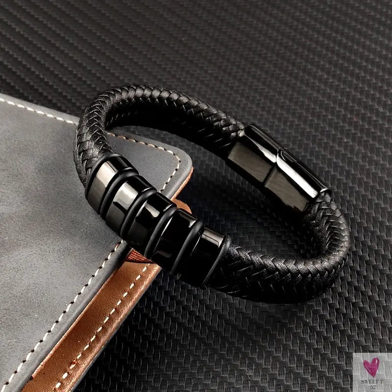 Hip-Hop Braided Leather Charm Bracelet for Men and Boys With Stainless Steel Clasp
