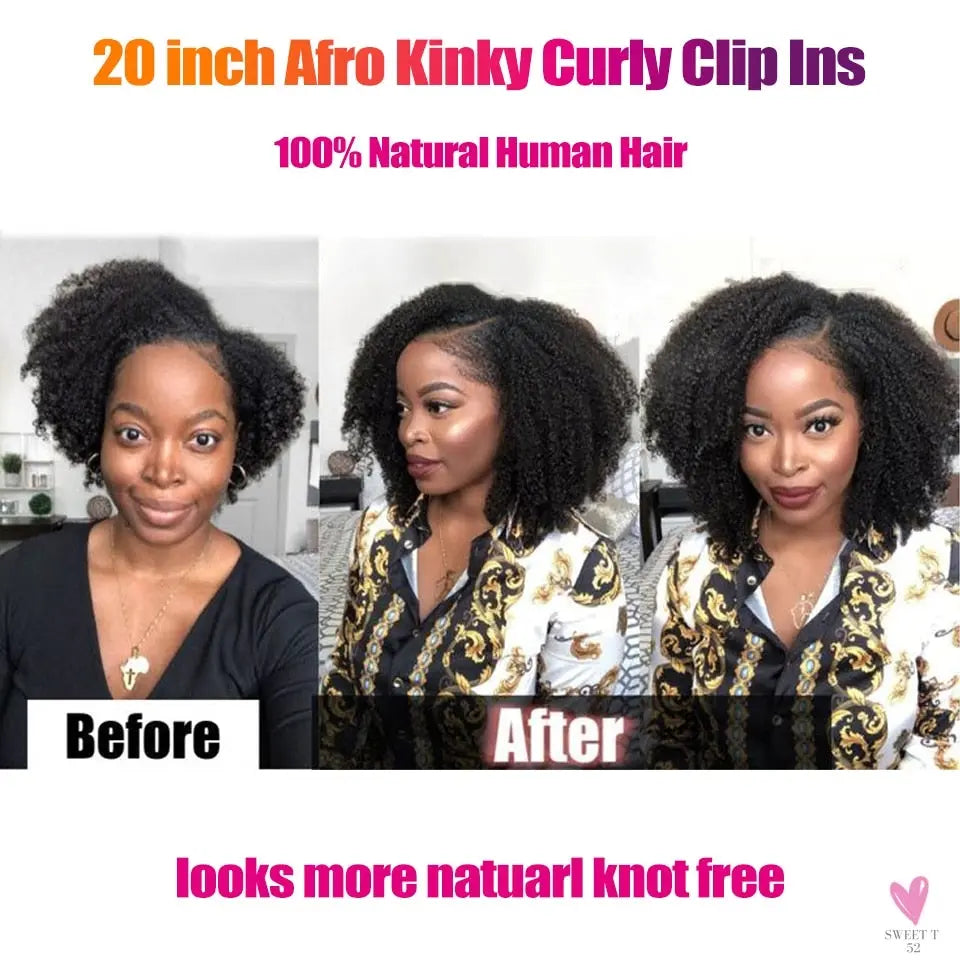 Kinky Curly Clip-In Hair Extensions, Human Hair - Mongolian Kinky Curly Human Hair Clip-In Extensions for Women & Girls