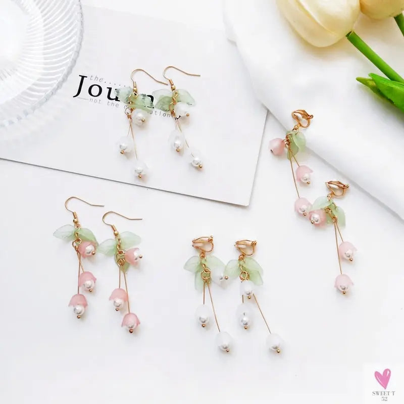 Lily Flower Drop/Dangle Earrings for Women and Girls in White and Pink - Gold Plated Earrings
