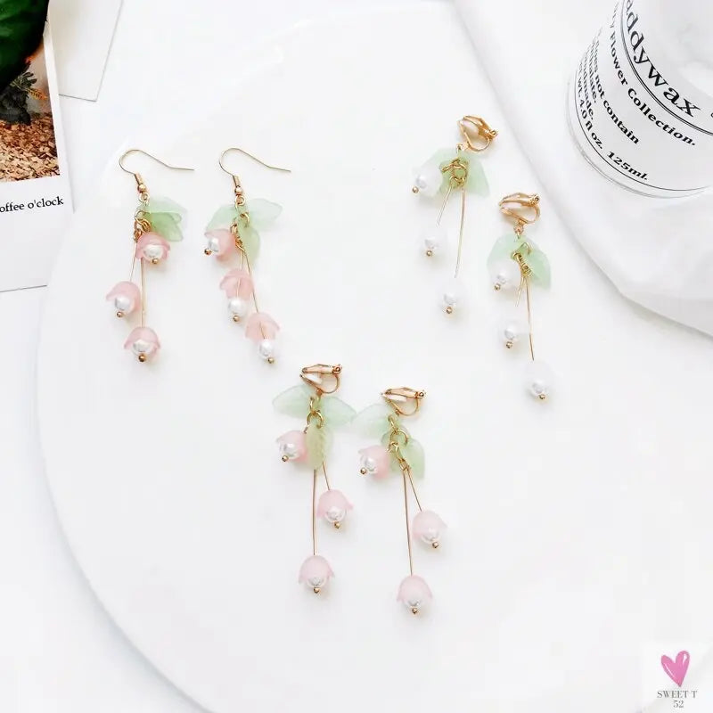 Lily Flower Drop/Dangle Earrings for Women and Girls in White and Pink - Gold Plated Earrings
