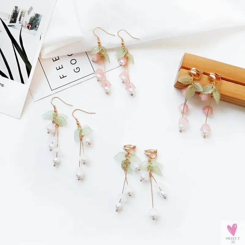 Lily Flower Drop/Dangle Earrings for Women and Girls in White and Pink - Gold Plated Earrings