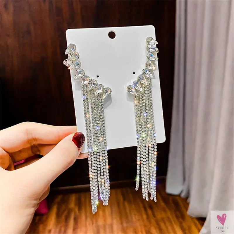 Long Tassel Rhinestone/Crystal Drop/Dangle Earrings for Women and Girls in Gold and Silver - Fashion Jewelry