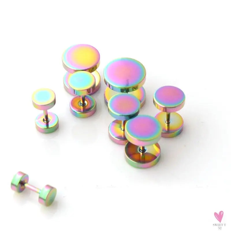 Men and Women's Dumbbell Stainless Steel Stud Earrings, 3~16 mm Fake Piercing Tunnels, Main Stone Color, Colorful