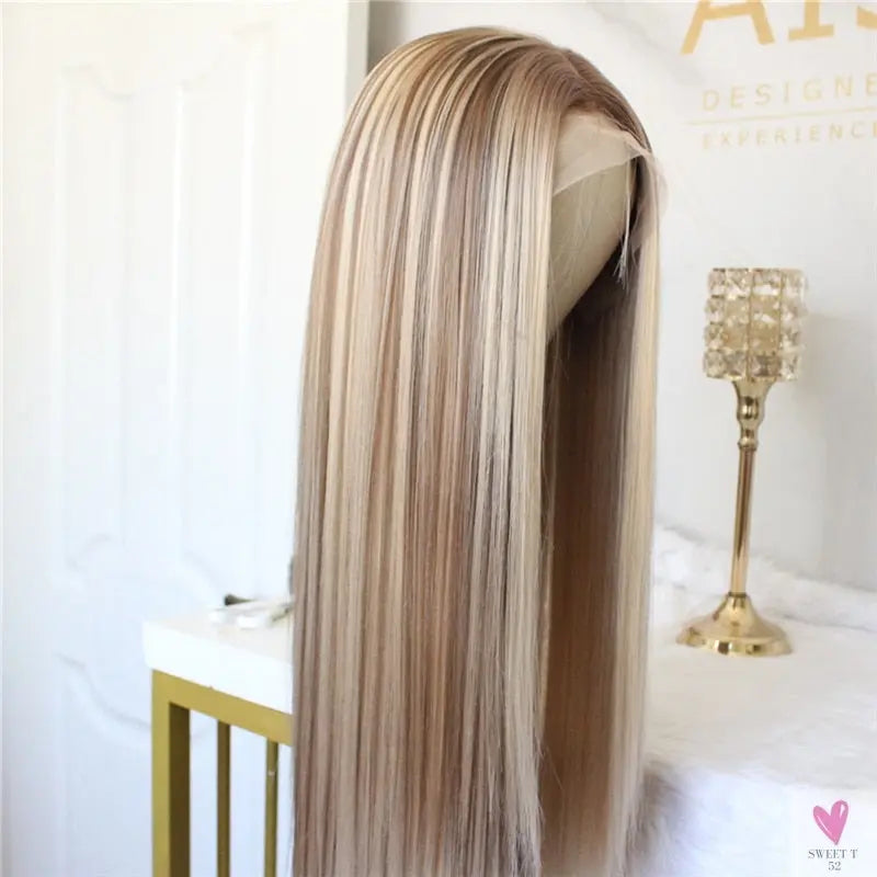 Ombre Synthetic Blonde Wig - Lace Front Wig, Middle Part With Highlights, Long Straight Hair - 22 Inches