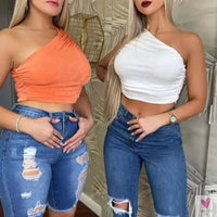 One Shoulder Rucked Crop Top for Women and Girls - Soft Knitted Crop Top