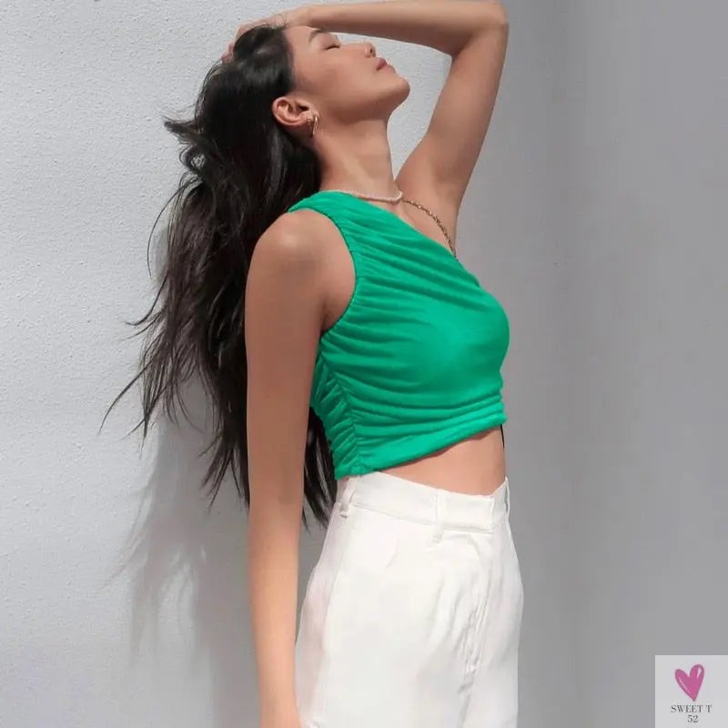 One Shoulder Rucked Crop Top for Women and Girls - Soft Knitted Crop Top