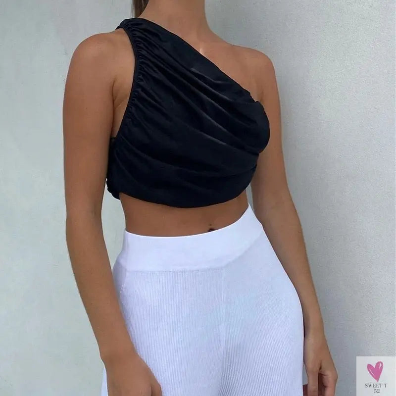 One Shoulder Rucked Crop Top for Women and Girls - Soft Knitted Crop Top