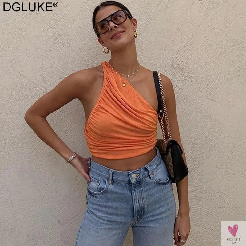 One Shoulder Rucked Crop Top for Women and Girls - Soft Knitted Crop Top