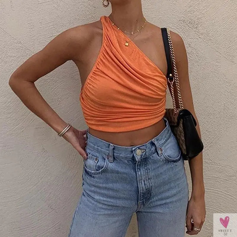 One Shoulder Rucked Crop Top for Women and Girls - Soft Knitted Crop Top