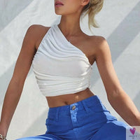 One Shoulder Rucked Crop Top for Women and Girls - Soft Knitted Crop Top