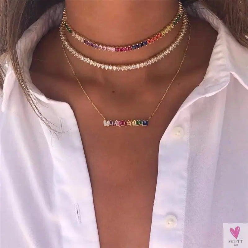 Rainbow Cubic Zirconia Waterdrop Choker Charm Necklaces - Charming Woman's Wedding, Party, Birthday Choker Jewelry or Gift
