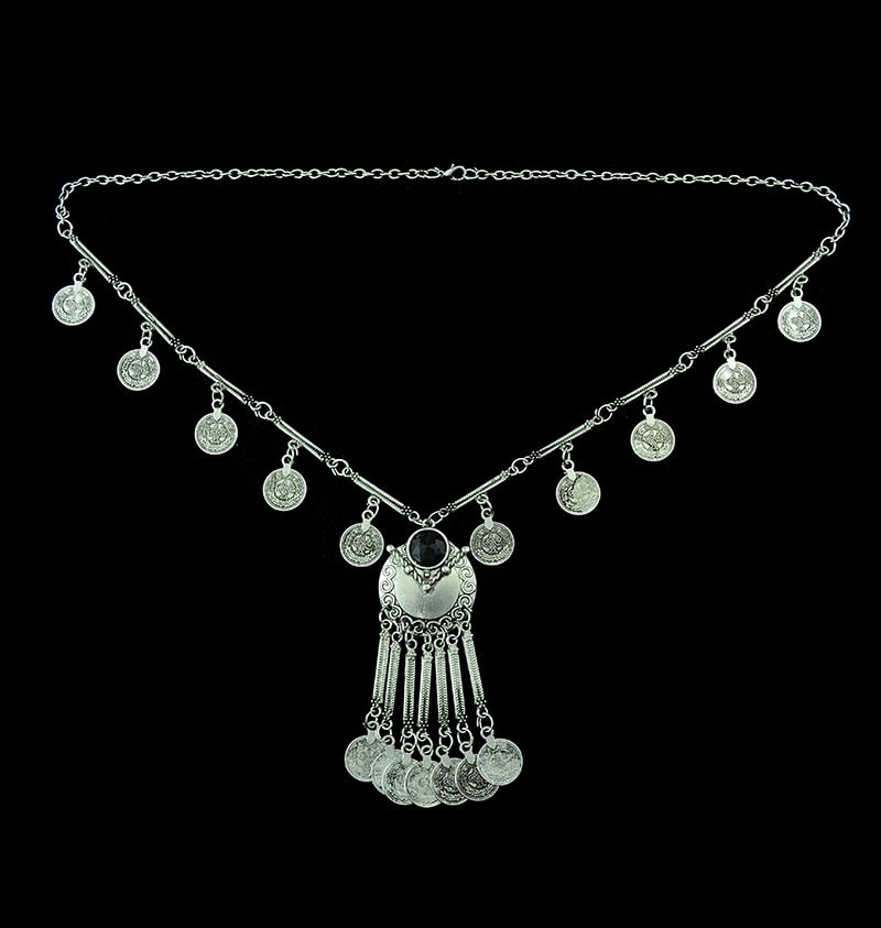 Turkish Gypsy Bib Coins Tassel/Choker Necklace and Dangle Earrings for Women