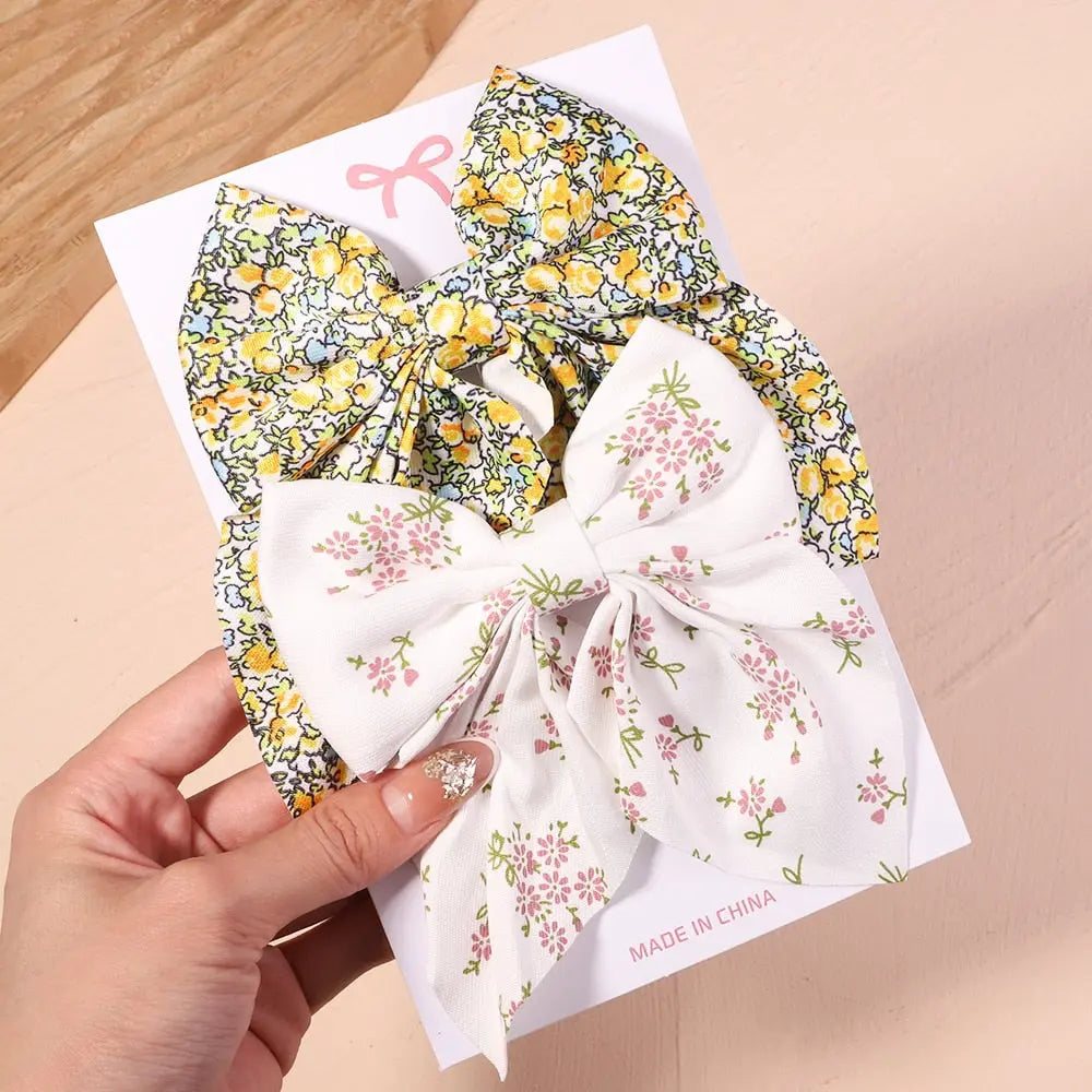 Cute Multi-Patterned and Solid Color Hair Bows/Clips for Girls in a 2 Piece Set