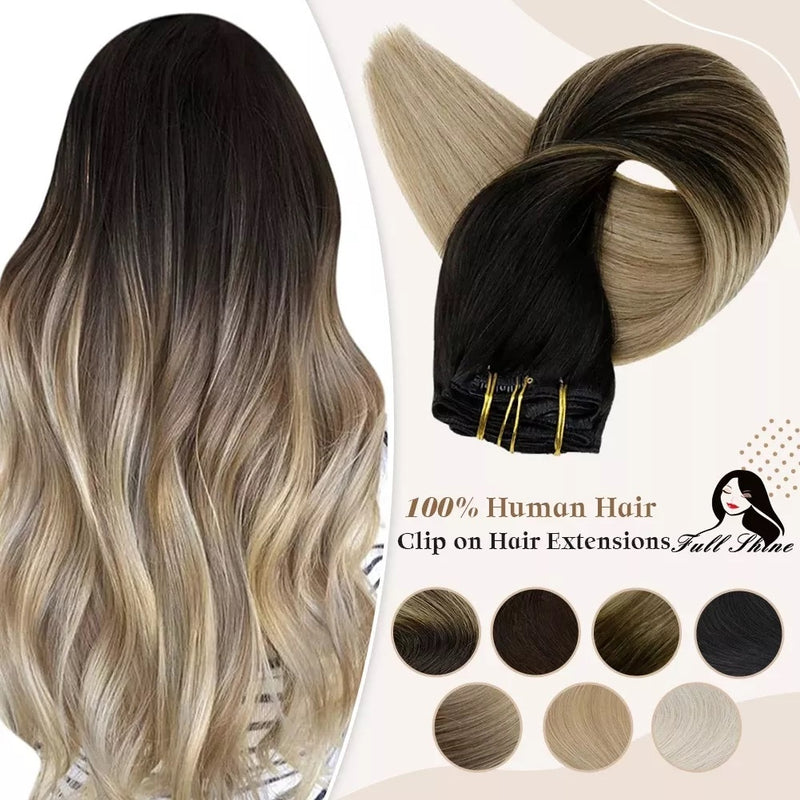 Clip-in Hair Extensions - Human Hair Clips Balayage(Highlights) 7pcs, 120g, Double Weft Human Hair Extensions for Women and Girls, 14 Inches