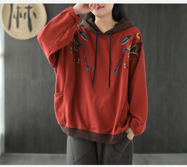 Women's Oversized Hoodie, Embroidered, With Long Batwing Sleeves