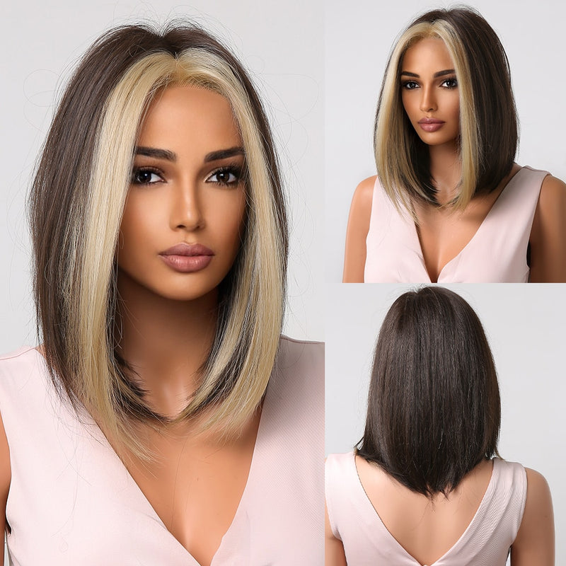 Short Straight Synthetic Wigs for Women & Girls - Blonde to Brown Ombre Bob Wigs with Bangs, Heat Resistant