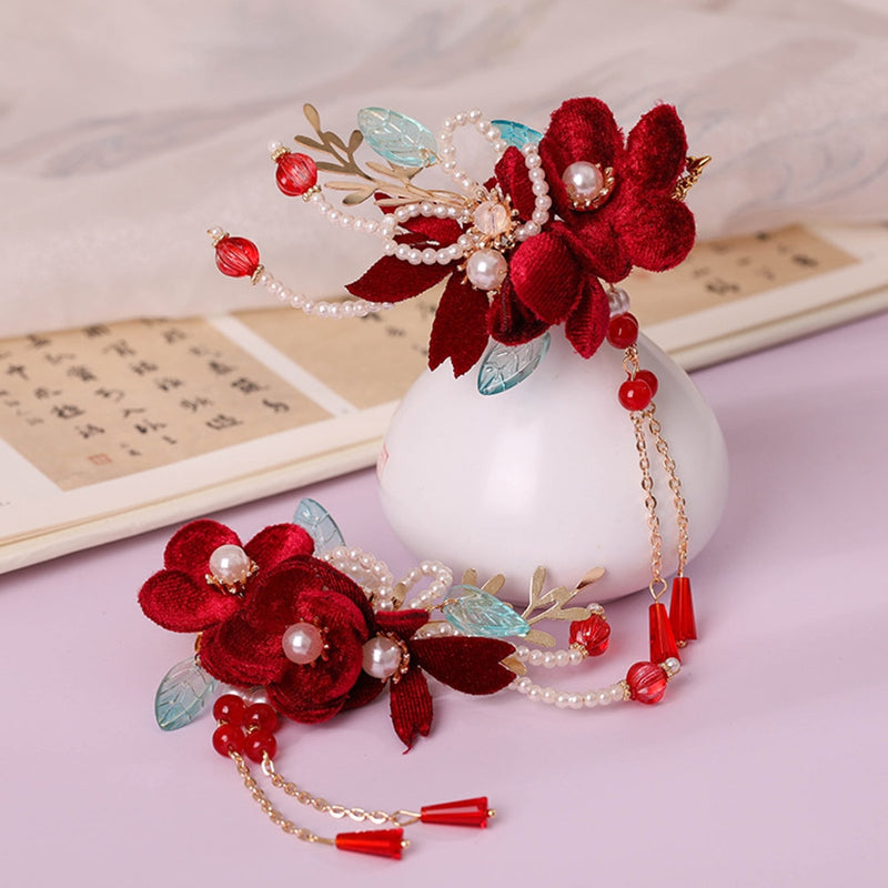 1 Pair Chinese Hanfu Hair Accessories - Red Flower Hairpins for Women & Girls, Vintage Dress Headwear