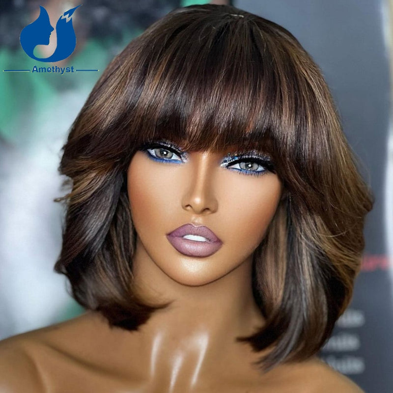 Short Bob Wigs With Bangs and Highlights for Women and Girls - Brazilian Remy (Human Hair), Layered Wavy Ombre Wigs