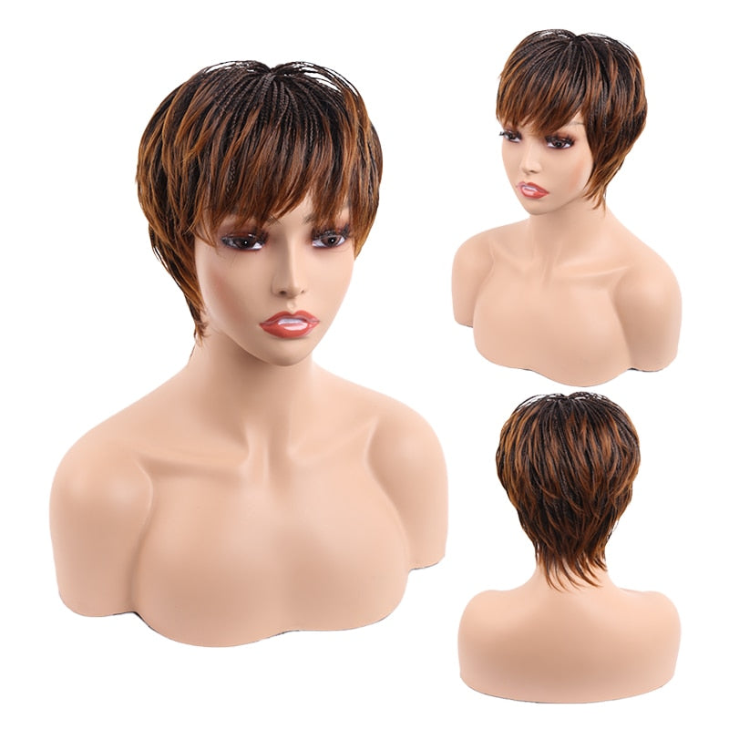Short Box Braided Wigs for Women and Girls - Synthetic Straight Hair Wigs With Natural Bangs - Black/Brown Braiding, Natural Looking Wig
